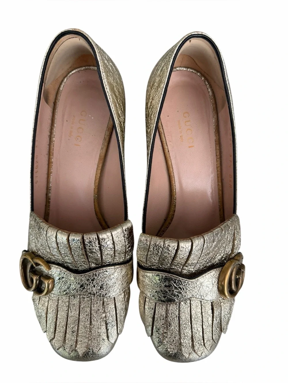 Gucci Gold Leather Galassia Platino Marmont  GG Platform Block Heels Size 37.5